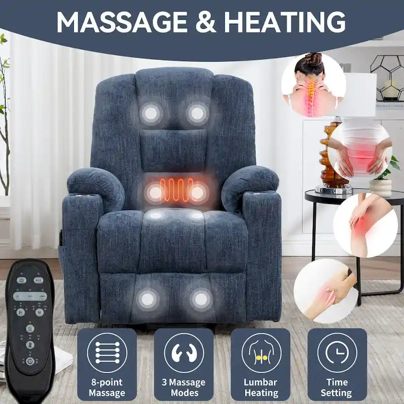Fauteuil inclinable releveur électrique avec massage, chauffage, ports USB et 2 porte-gobelets