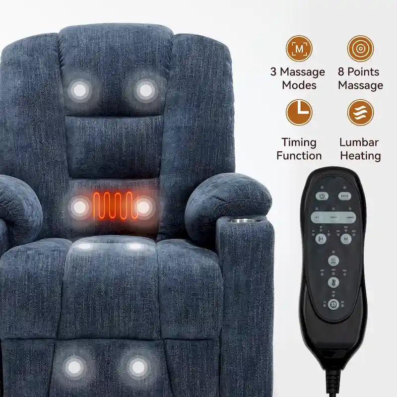 Fauteuil inclinable releveur électrique avec massage, chauffage, ports USB et 2 porte-gobelets
