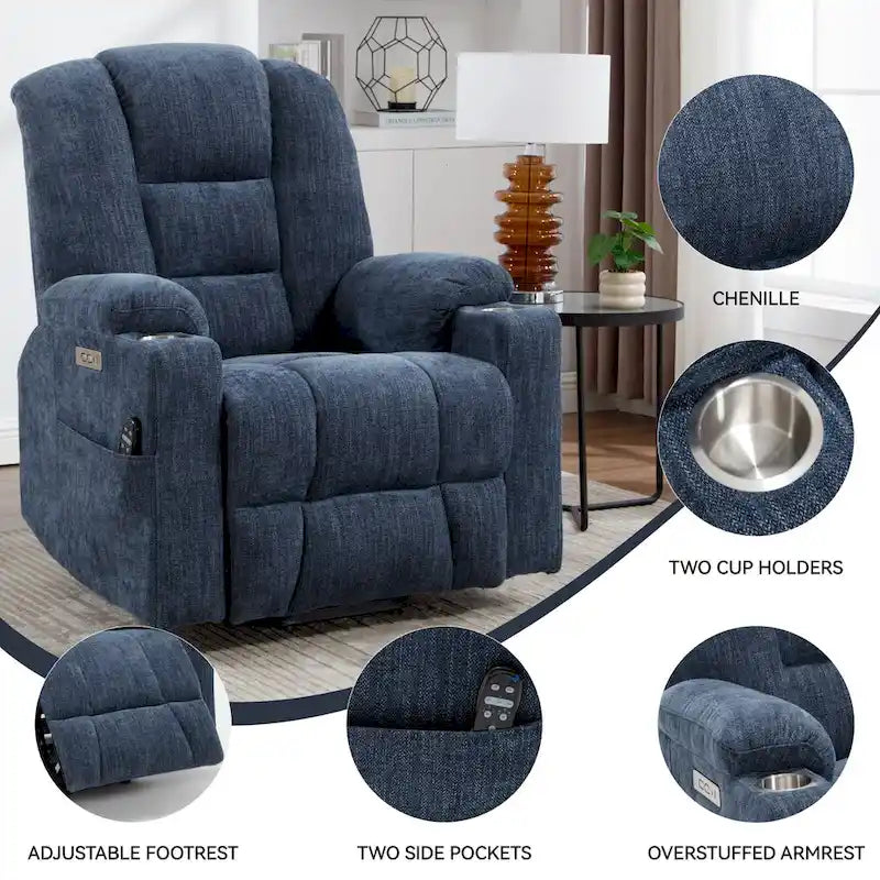 Fauteuil inclinable releveur électrique avec massage, chauffage, ports USB et 2 porte-gobelets