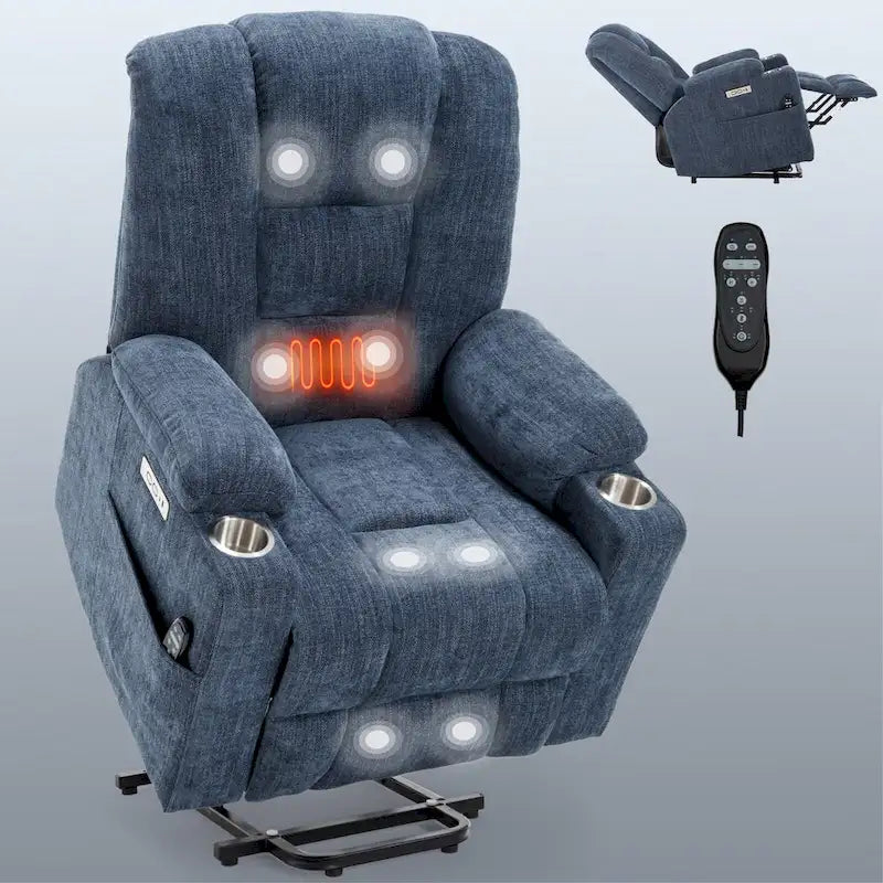 Fauteuil inclinable releveur électrique avec massage, chauffage, ports USB et 2 porte-gobelets