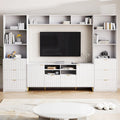 Meuble TV mural blanc de 112,5 po avec 13 étagères, 8 tiroirs et 2 armoires pour téléviseurs jusqu'à 70 po