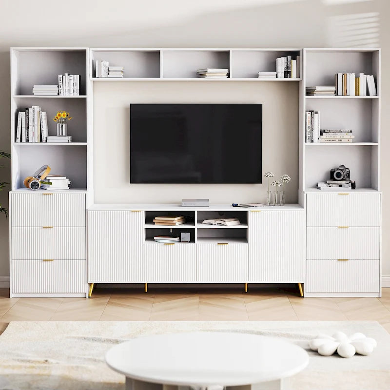 Meuble TV mural blanc de 112,5 po avec 13 étagères, 8 tiroirs et 2 armoires pour téléviseurs jusqu'à 70 po