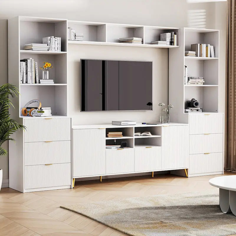 Meuble TV mural blanc de 112,5 po avec 13 étagères, 8 tiroirs et 2 armoires pour téléviseurs jusqu'à 70 po