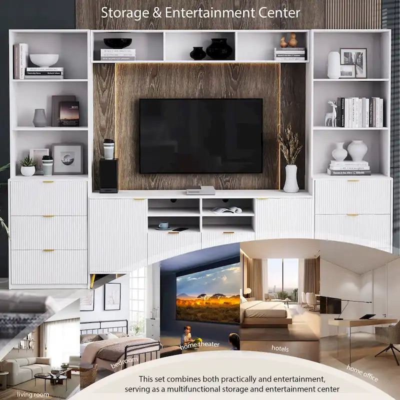 Meuble TV mural blanc de 112,5 po avec 13 étagères, 8 tiroirs et 2 armoires pour téléviseurs jusqu'à 70 po