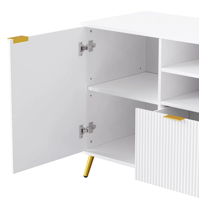 Meuble TV mural blanc de 112,5 po avec 13 étagères, 8 tiroirs et 2 armoires pour téléviseurs jusqu'à 70 po