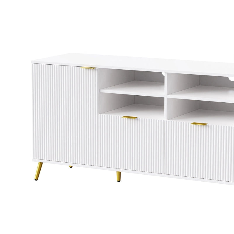 Meuble TV mural blanc de 112,5 po avec 13 étagères, 8 tiroirs et 2 armoires pour téléviseurs jusqu'à 70 po