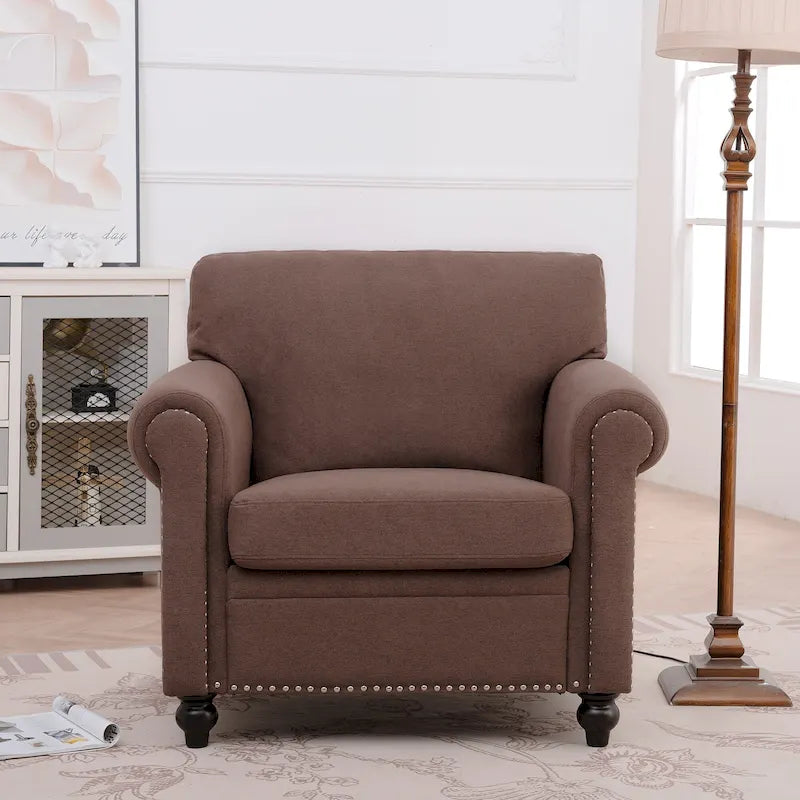 Fauteuil d'appoint à accoudoirs arrondis marron de 95 cm avec détails cloutés argentés