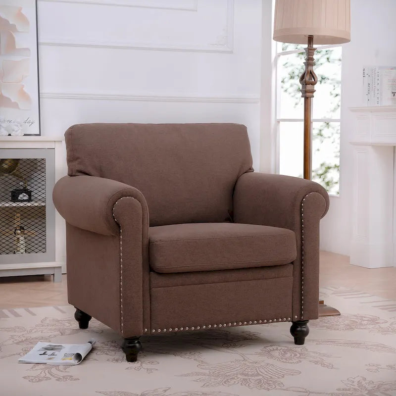 Fauteuil d'appoint à accoudoirs arrondis marron de 95 cm avec détails cloutés argentés