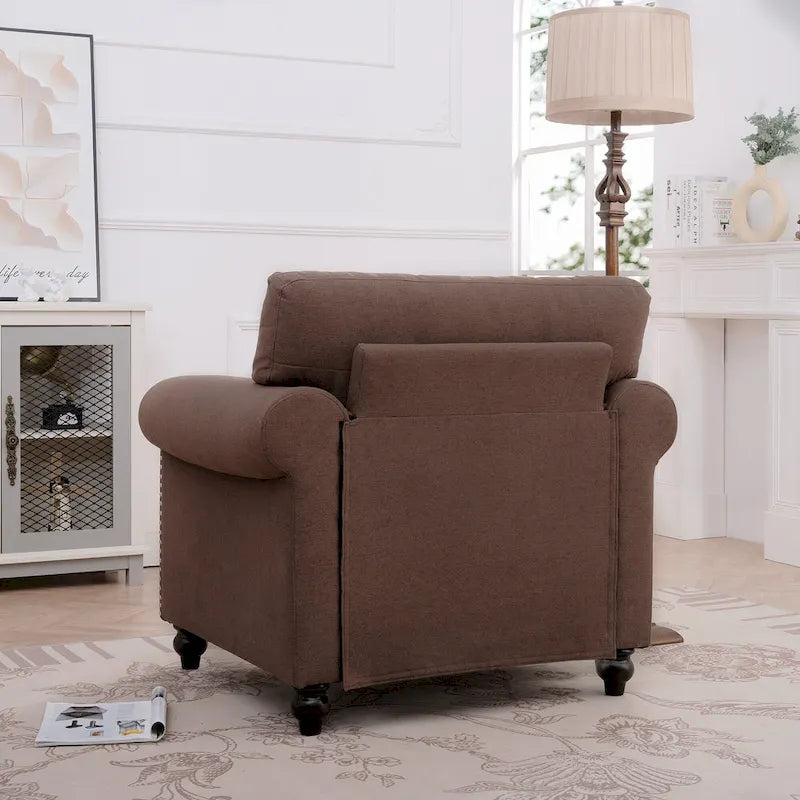 Fauteuil d'appoint à accoudoirs arrondis marron de 95 cm avec détails cloutés argentés