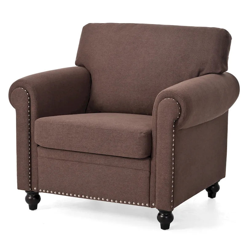 Fauteuil d'appoint à accoudoirs arrondis marron de 95 cm avec détails cloutés argentés