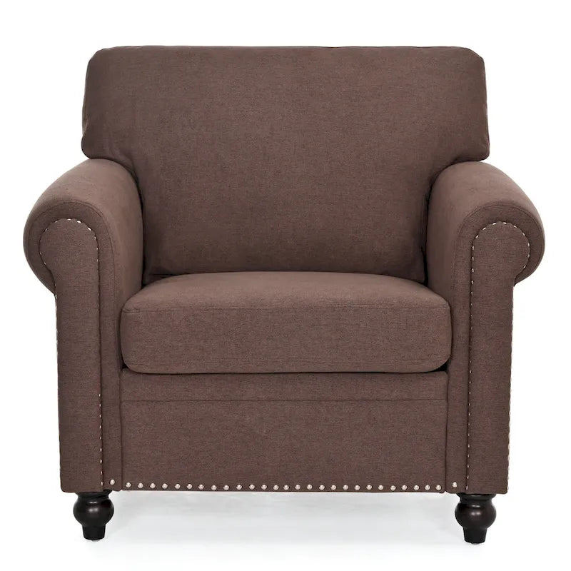 Fauteuil d'appoint à accoudoirs arrondis marron de 95 cm avec détails cloutés argentés