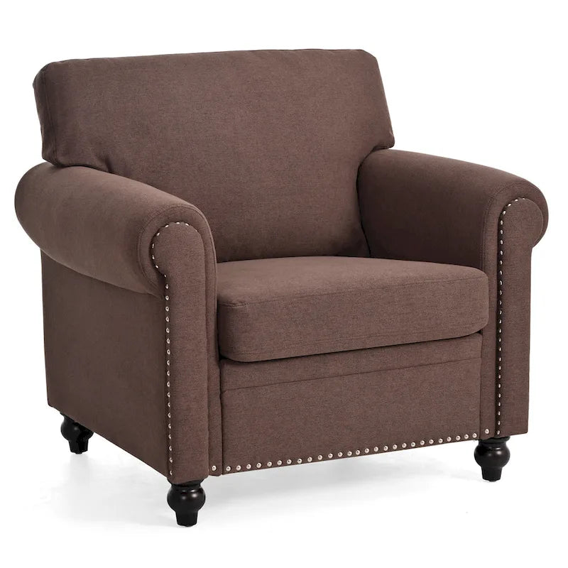 Fauteuil d'appoint à accoudoirs arrondis marron de 95 cm avec détails cloutés argentés