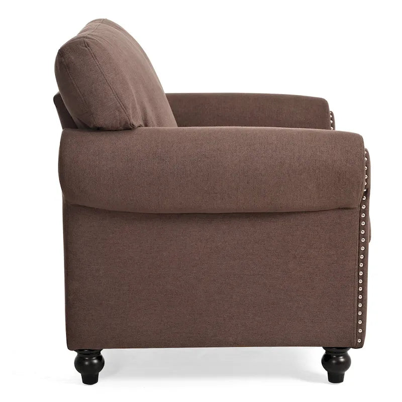 Fauteuil d'appoint à accoudoirs arrondis marron de 95 cm avec détails cloutés argentés