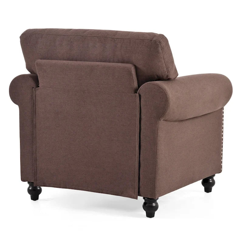 Fauteuil d'appoint à accoudoirs arrondis marron de 95 cm avec détails cloutés argentés
