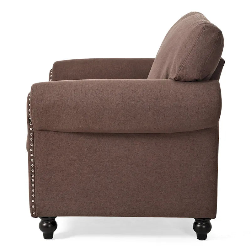 Fauteuil d'appoint à accoudoirs arrondis marron de 95 cm avec détails cloutés argentés