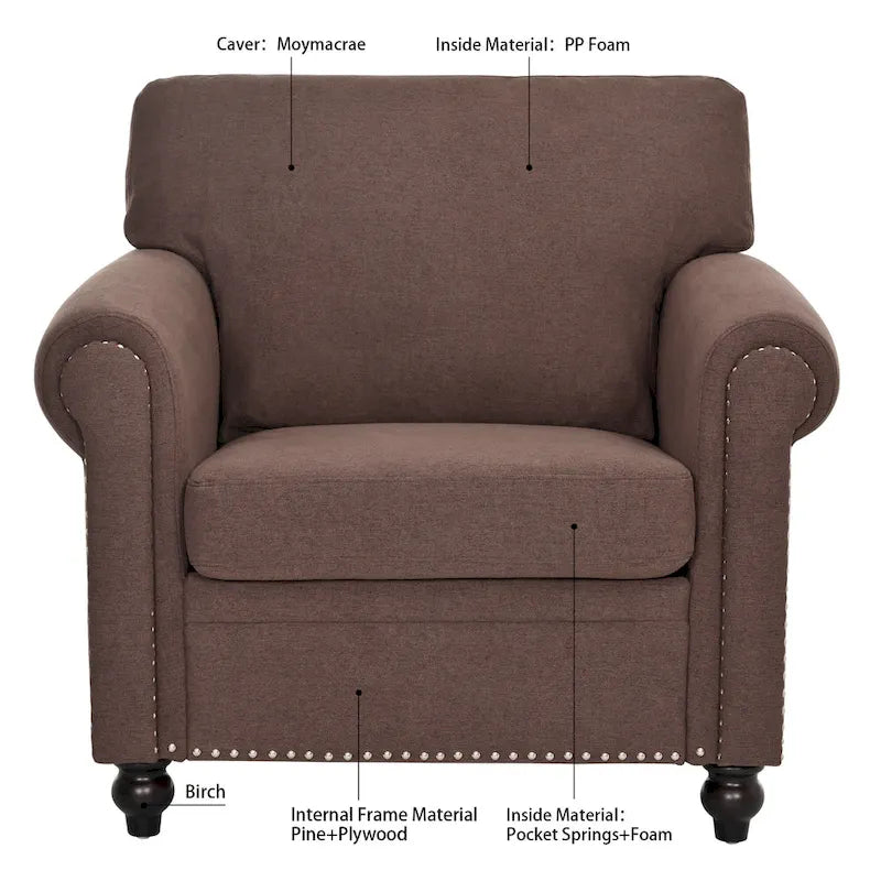 Fauteuil d'appoint à accoudoirs arrondis marron de 95 cm avec détails cloutés argentés