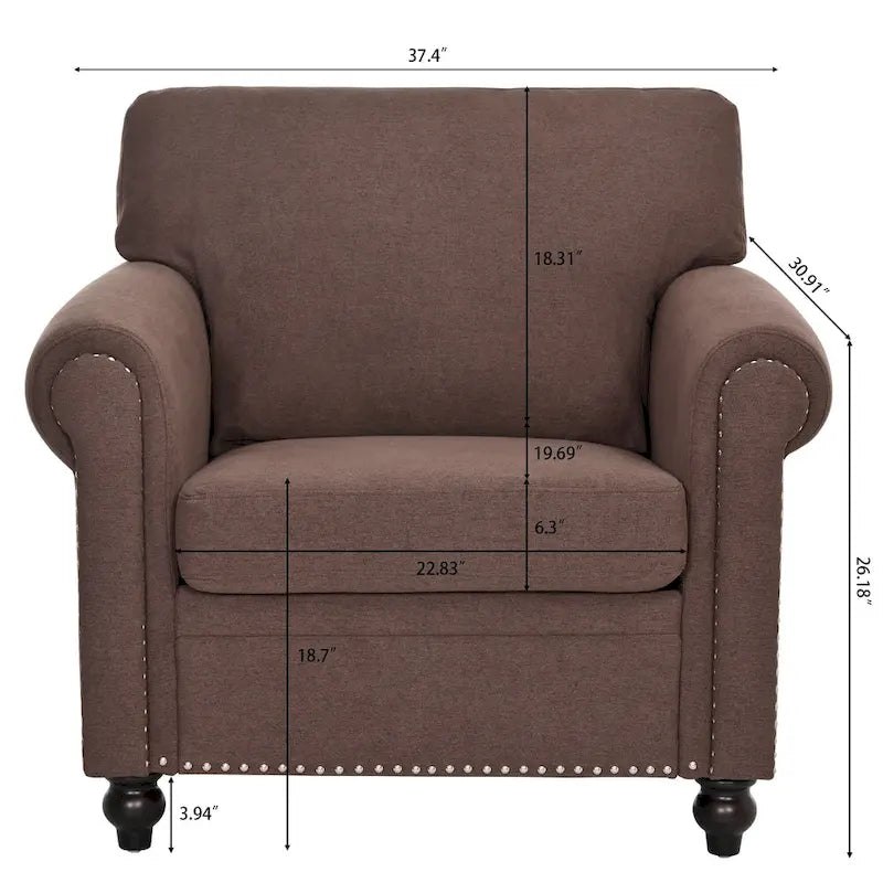 Fauteuil d'appoint à accoudoirs arrondis marron de 95 cm avec détails cloutés argentés
