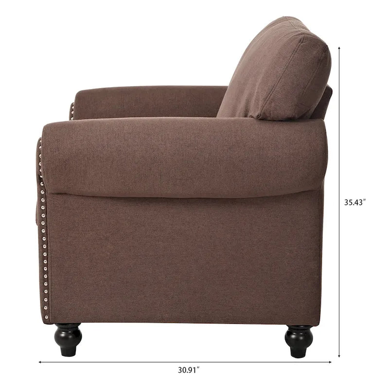 Fauteuil d'appoint à accoudoirs arrondis marron de 95 cm avec détails cloutés argentés