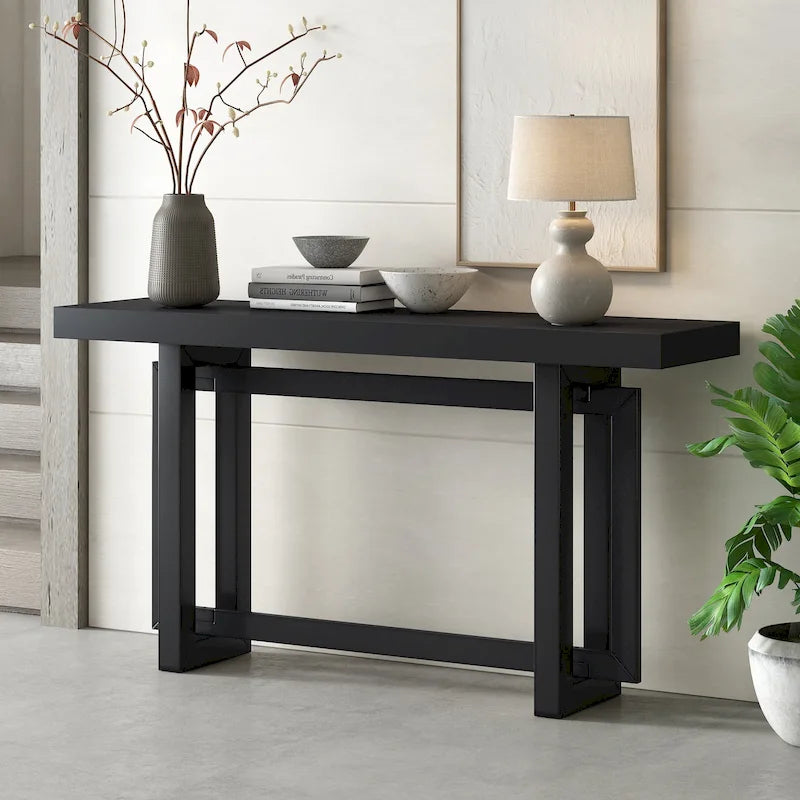 59.1 Table console moderne en bois massif avec piétement au design unique pour entrée ou salon