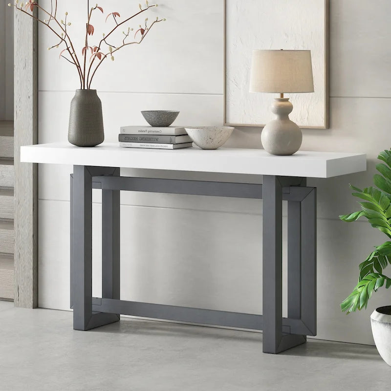 59.1 Table console moderne en bois massif avec piétement au design unique pour entrée ou salon