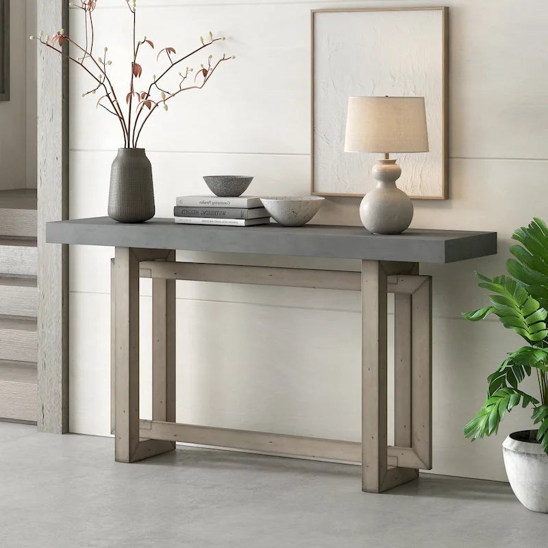 59.1 Table console moderne en bois massif avec piétement au design unique pour entrée ou salon