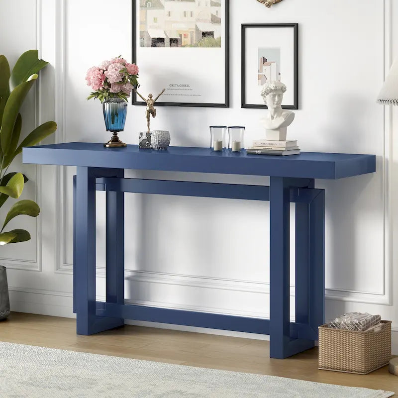 59.1 Table console moderne en bois massif avec piétement au design unique pour entrée ou salon