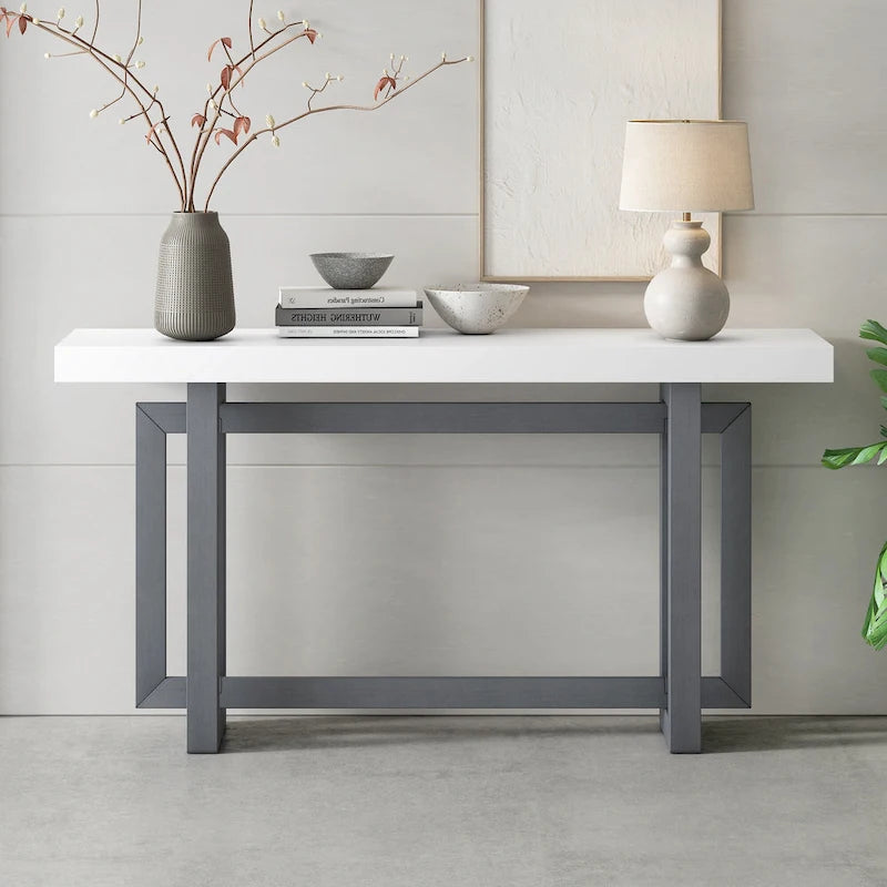 59.1 Table console moderne en bois massif avec piétement au design unique pour entrée ou salon