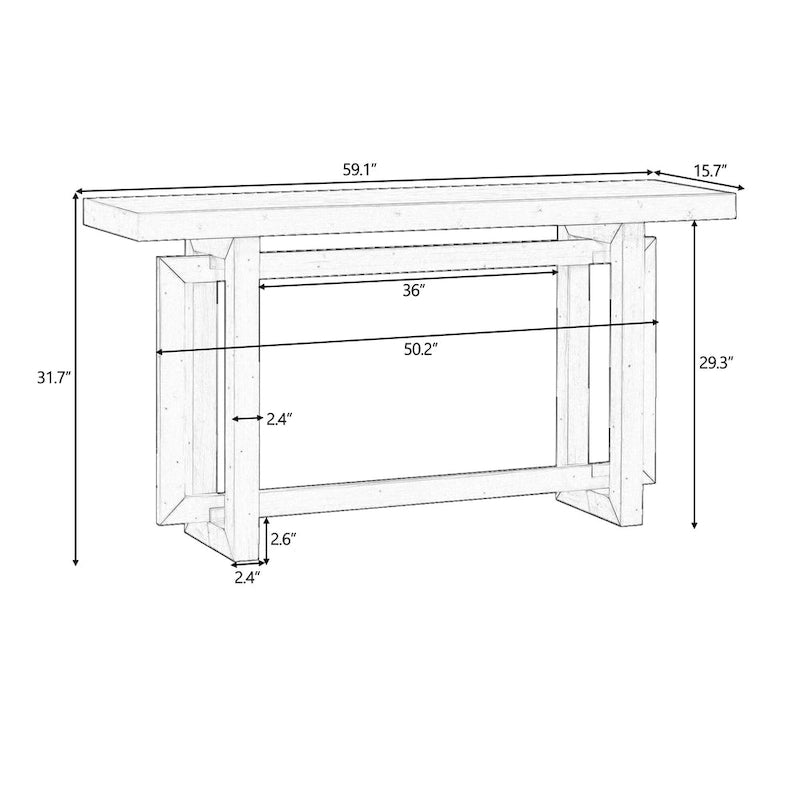 59.1 Table console moderne en bois massif avec piétement au design unique pour entrée ou salon