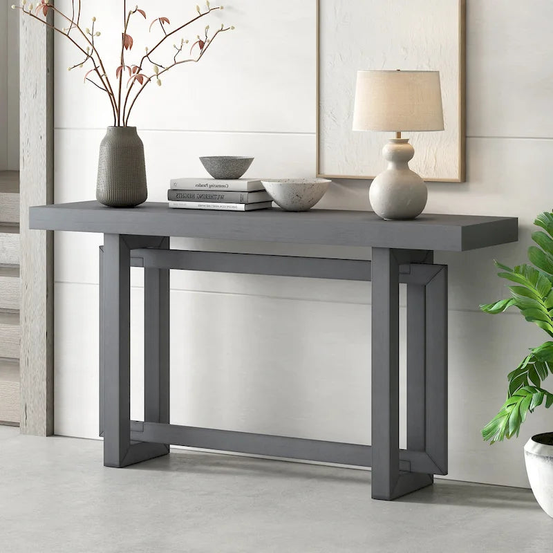 59.1 Table console moderne en bois massif avec piétement au design unique pour entrée ou salon