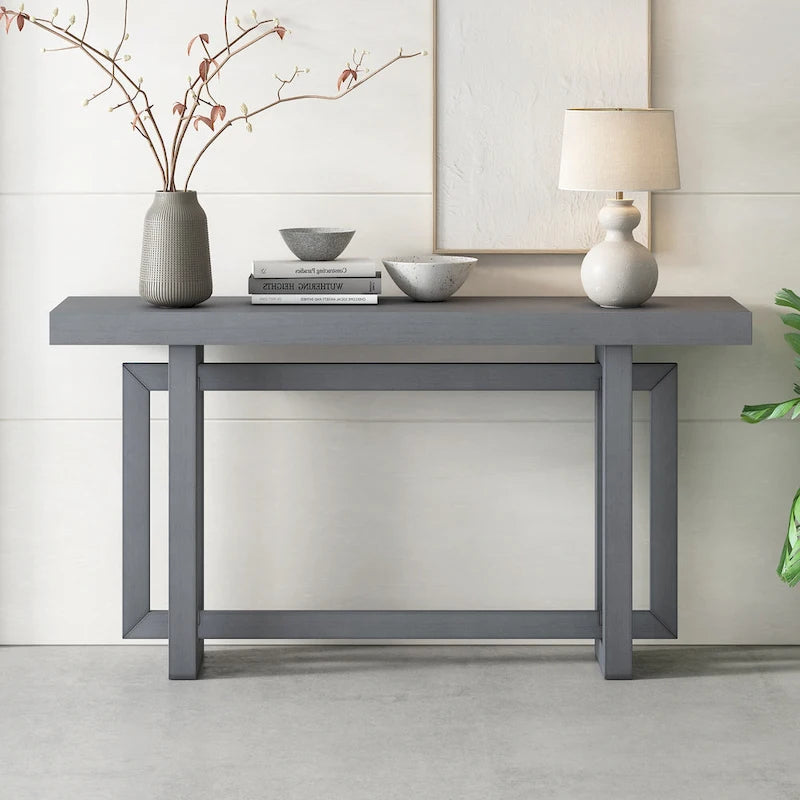59.1 Table console moderne en bois massif avec piétement au design unique pour entrée ou salon