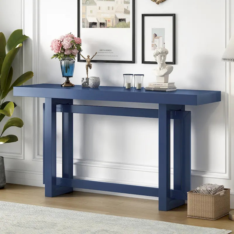 59.1 Table console moderne en bois massif avec piétement au design unique pour entrée ou salon