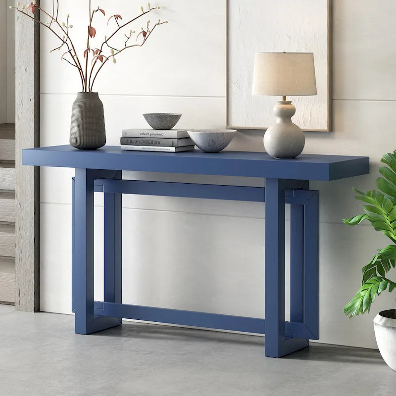 59.1 Table console moderne en bois massif avec piétement au design unique pour entrée ou salon