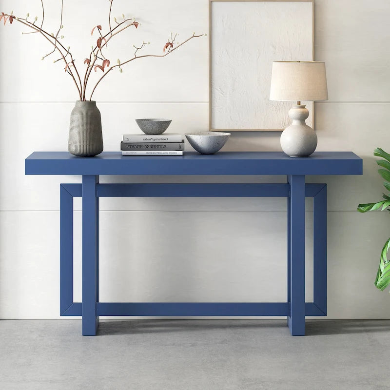 59.1 Table console moderne en bois massif avec piétement au design unique pour entrée ou salon