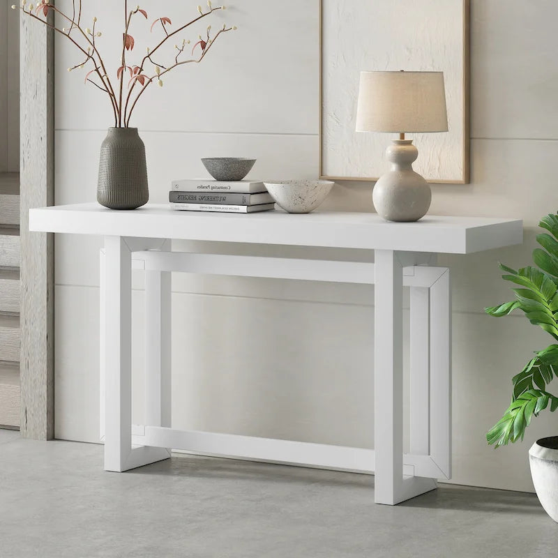 59.1 Table console moderne en bois massif avec piétement au design unique pour entrée ou salon