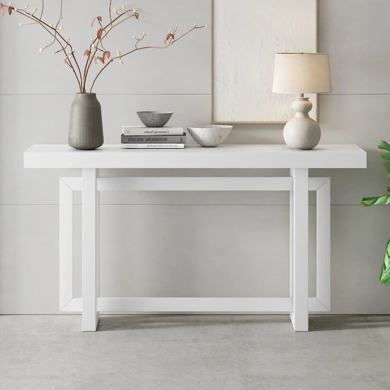 59.1 Table console moderne en bois massif avec piétement au design unique pour entrée ou salon