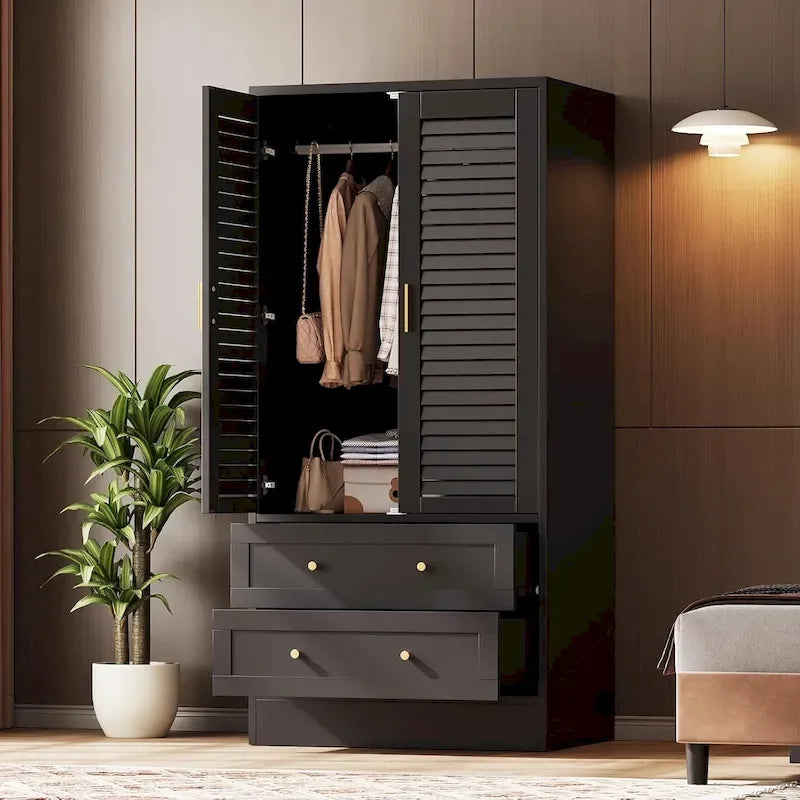 Armoire penderie avec 2 portes à persiennes, tringles à vêtements et 2 tiroirs