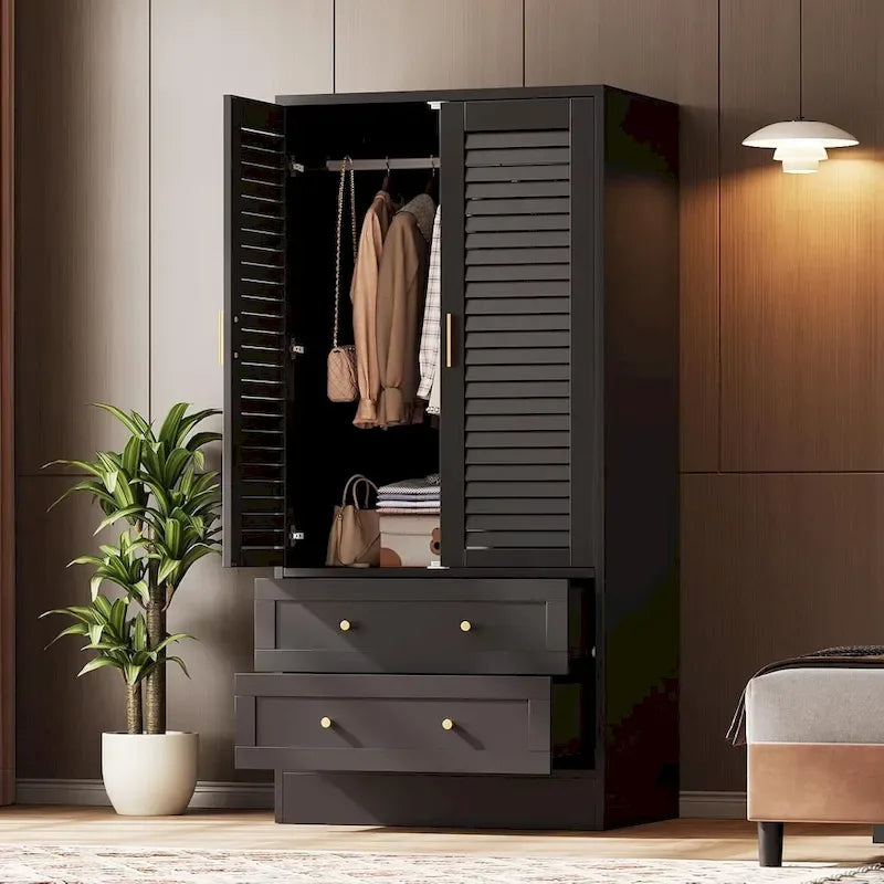 Armoire Closet with 2 Shutter Doors,Hanging Rods and 2 Drawers