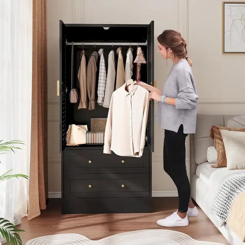 Armoire penderie avec 2 portes à persiennes, tringles à vêtements et 2 tiroirs