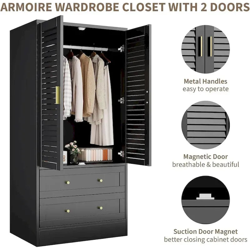 Armoire penderie avec 2 portes à persiennes, tringles à vêtements et 2 tiroirs