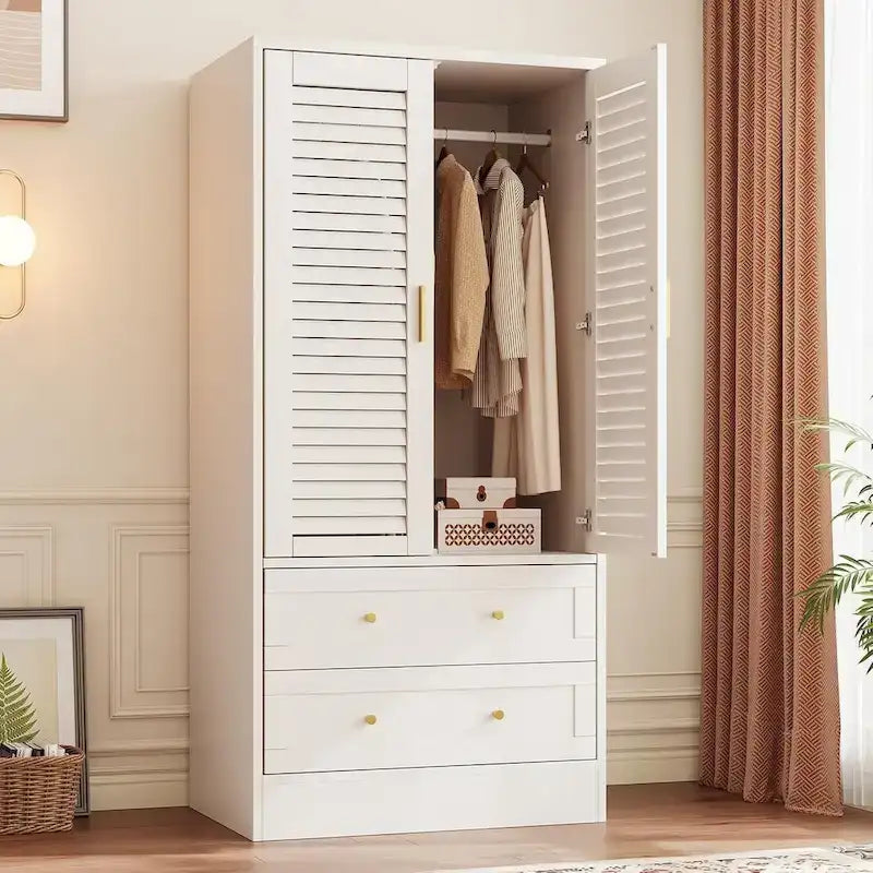 Armoire penderie avec 2 portes à persiennes, tringles à vêtements et 2 tiroirs