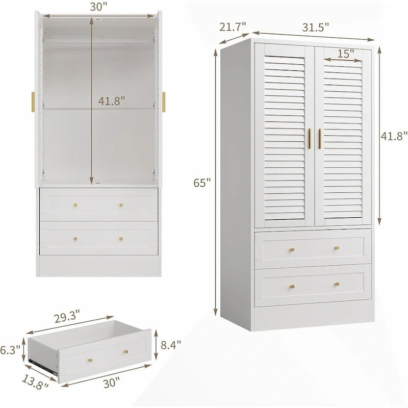 Armoire penderie avec 2 portes à persiennes, tringles à vêtements et 2 tiroirs