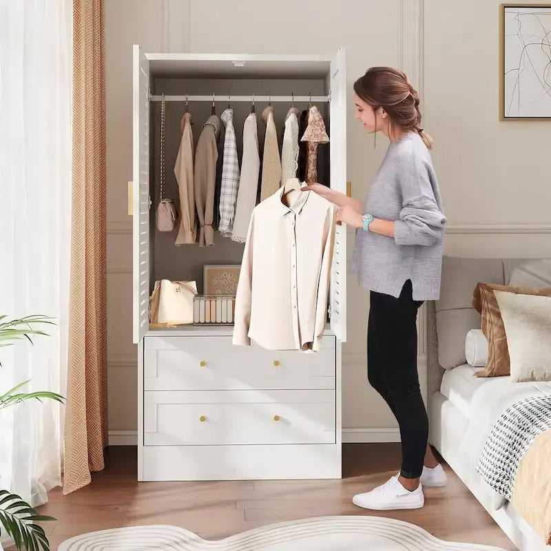 Armoire penderie avec 2 portes à persiennes, tringles à vêtements et 2 tiroirs