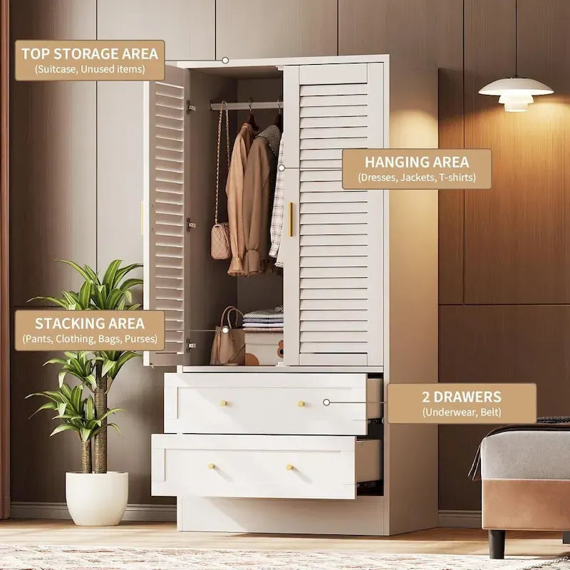 Armoire penderie avec 2 portes à persiennes, tringles à vêtements et 2 tiroirs
