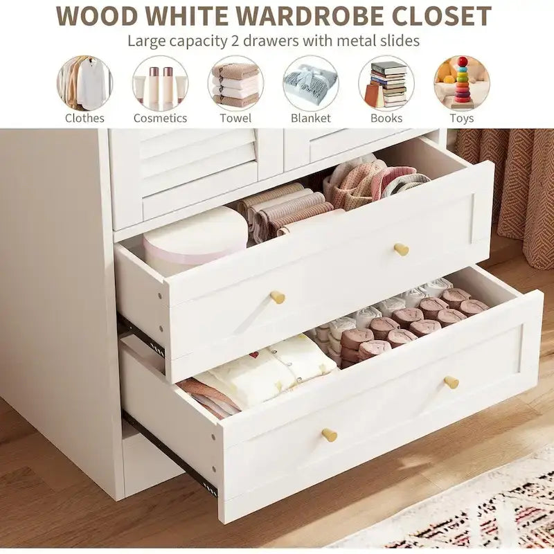 Armoire penderie avec 2 portes à persiennes, tringles à vêtements et 2 tiroirs