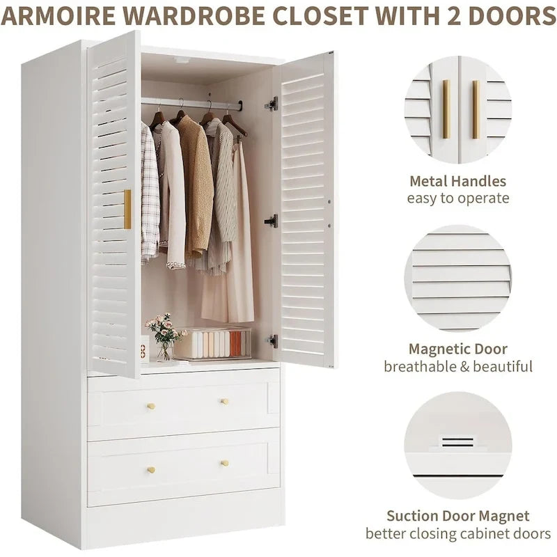 Armoire penderie avec 2 portes à persiennes, tringles à vêtements et 2 tiroirs