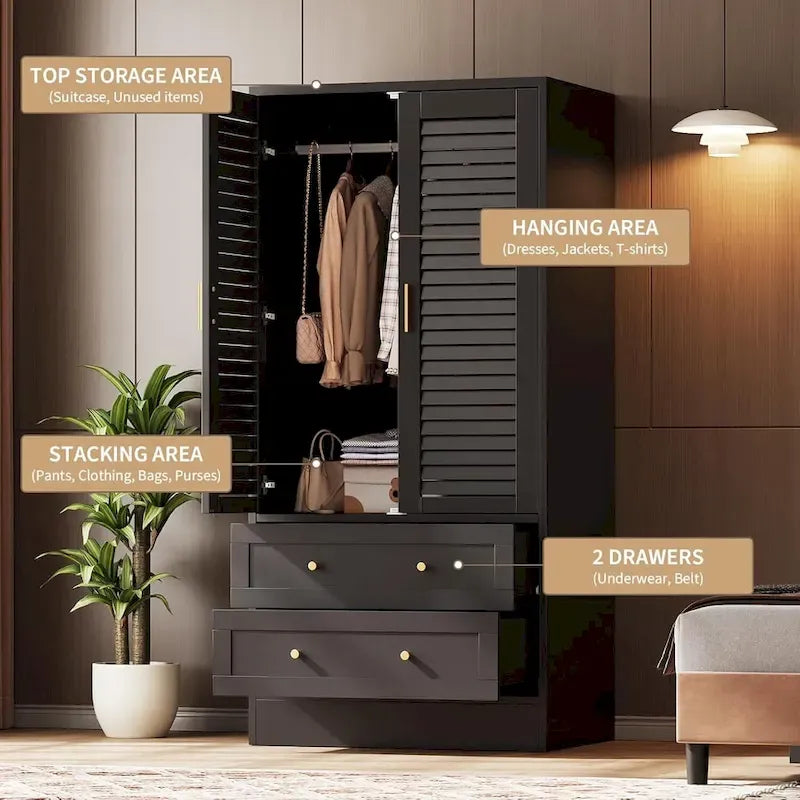 Armoire penderie avec 2 portes à persiennes, tringles à vêtements et 2 tiroirs