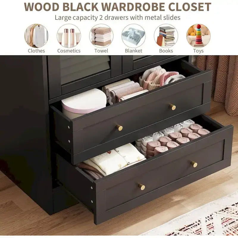 Armoire penderie avec 2 portes à persiennes, tringles à vêtements et 2 tiroirs