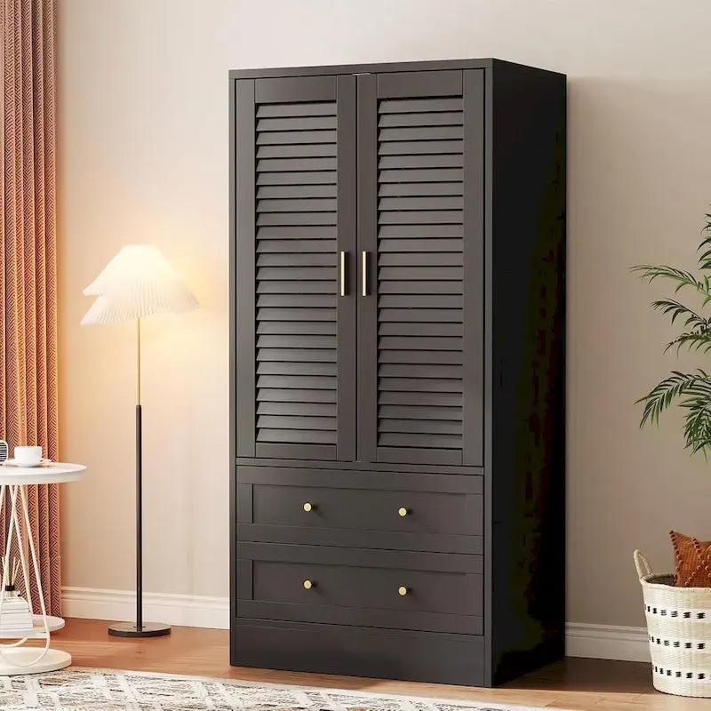Armoire penderie avec 2 portes à persiennes, tringles à vêtements et 2 tiroirs
