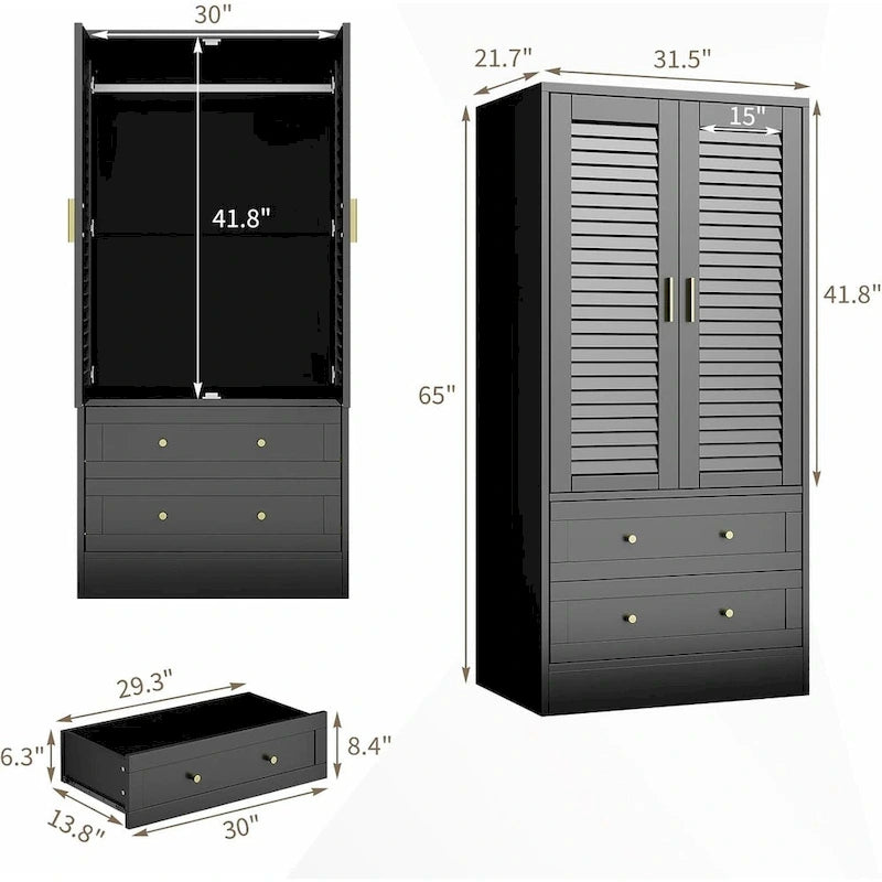 Armoire penderie avec 2 portes à persiennes, tringles à vêtements et 2 tiroirs