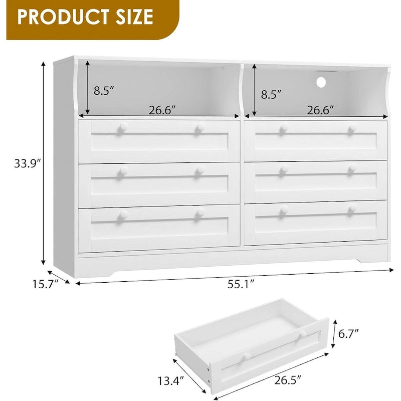 Commode large de 55", commode en bois à 6 tiroirs avec lumière LED, commode en bois avec grand espace de rangement